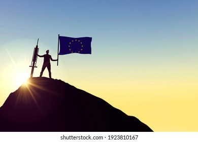 European Union Vaccine. Silhouette Of Person With Flag And Syringe. 3D Rendering