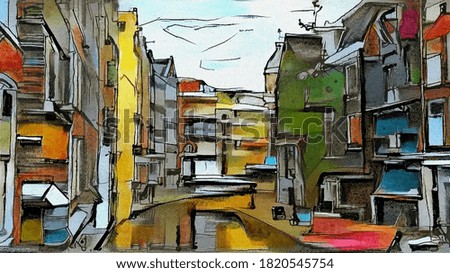 European urban landscape from the triptych series. The painting is made with watercolor painting and chemical liquid using aquaprint technology. The style of cubism. Based on works by Picasso.