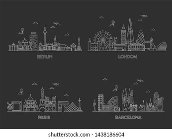 Europian Cities Skylines. Line Art Illustration