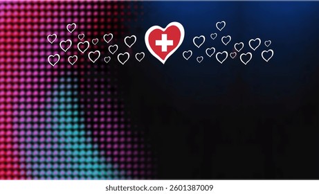 Eurovision 2025. Switzerland. 2025. European Song Contest. Dark multicolored bright background with the flag of Switzerland in a white heart.
