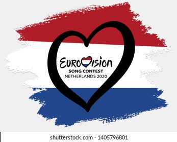 Eurovision Logo Heart on flag background TEL AVIV, ISRAEL 2019, Eurovision Song Contest 2019. Music Award background Winner of Eurovision Song Contest 