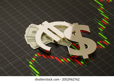 Eurusd Forex Market Trading Symbols On Dollar Money And Forex Chart, 3D Illustrations Rendering