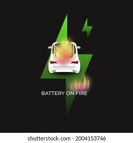 EV Battery On Fire And Burning, Electric Vehicle Lithium Ion. Hard To Extinguish A Fire On A Car Battery. Lithium-ion Battery With Ev Car Logo And Fire On The Back Burn. Faulty Cells On Battery.