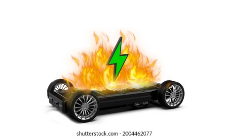 EV battery on fire and burning, electric vehicle lithium ion. hard to extinguish a fire on a car battery. lithium-ion battery with ev car logo and fire on the back burn. 3d rendering.