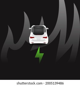 EV Battery On Fire And Burning, Electric Vehicle Lithium Ion. Hard To Extinguish On Battery. Lithium-ion Battery With Ev Car Logo And Fire On The Back Burn. Faulty Cells On Battery. 3d Rendering.