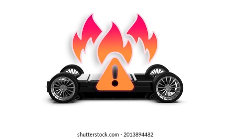 EV Battery On Fire And Burning, Electric Vehicle Lithium Ion. Hard To Extinguish A Fire On A Car Battery. Lithium-ion Battery With Ev Car Logo And Fire On The Back Burn. 3d Rendering. Caution Logo.
