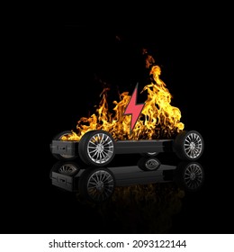 EV Battery On Fire And Burning, Electric Vehicle Lithium Ion. Hard To Extinguish A Fire On A Car Battery. Lithium-ion Battery With Ev Car Logo And Fire On The Back Burn. 3d Rendering.
