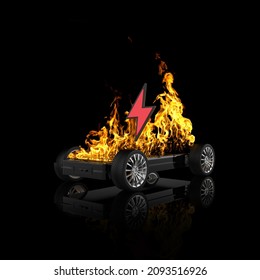 EV Battery On Fire And Burning, Electric Vehicle Lithium Ion. Hard To Extinguish A Fire On A Car Battery. Lithium-ion Battery With Ev Car Logo And Fire On The Back Burn. 3d Rendering.
