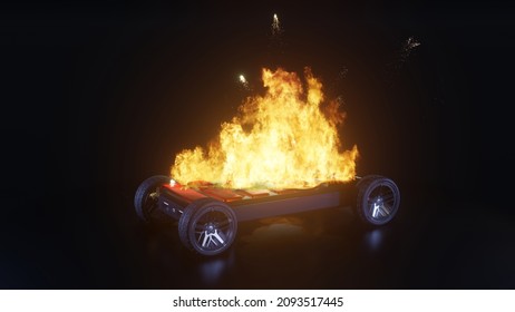 EV battery on fire and burning, electric vehicle lithium ion. hard to extinguish a fire on a car battery. lithium-ion battery with ev car logo and fire on the back burn. 3d rendering.
