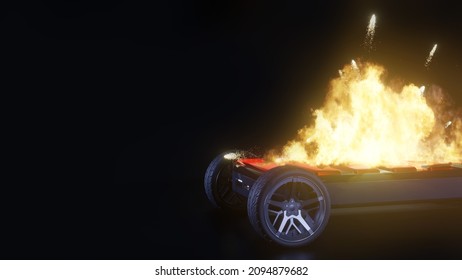 EV Battery On Fire And Burning, Electric Vehicle Lithium Ion. Hard To Extinguish A Fire On A Car Battery. Lithium-ion Battery With Ev Car Logo And Fire On The Back Burn. 3d Rendering.
