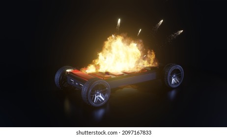 EV battery on fire and burning, electric vehicle lithium ion. hard to extinguish a fire on a car battery. lithium-ion battery with ev car logo and fire on the back burn. 3d rendering.
