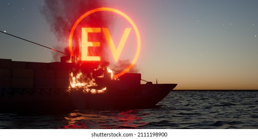 EV battery on fire and burning on a cargo ship. electric vehicle lithium ion. hard to extinguish a fire on a car battery. lithium-ion battery with ev car logo and fire on the back burn. 3d render