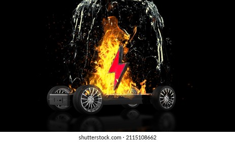 EV Battery On Fire And Burning, Electric Vehicle Lithium Ion. Hard To Extinguish A Fire On A Car Battery. Lithium-ion Battery With Ev Car Logo And Fire On The Back Burn. 3d Rendering.
