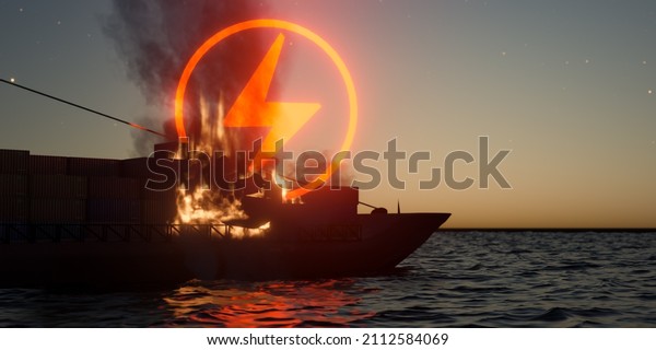 EV battery on fire and burning on a cargo ship.\
electric vehicle lithium ion. hard to extinguish a fire on a car\
battery. lithium-ion battery with ev car logo and fire on the back\
burn. 3d render