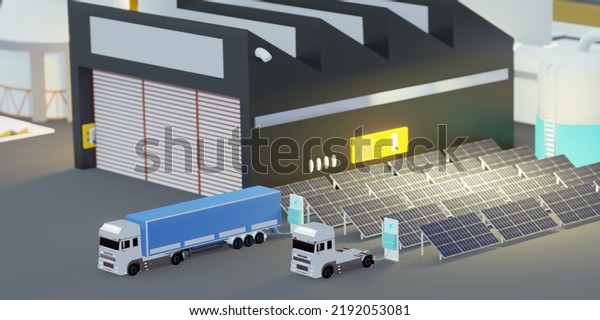 EV charging\
electrical system in the factory solar energy Industrial plant with\
solar panels 3d\
illustration