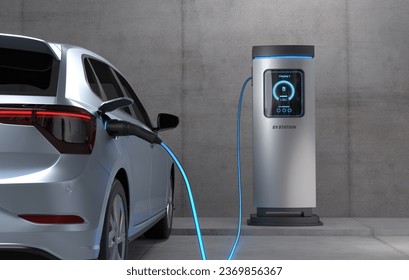 EV Charging Station, Clean energy filling technology, Electric car charging. 3D illustration