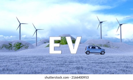 EV Text With Electrical Car, Windmills, And Pink Hills In The Background|3d Rendering