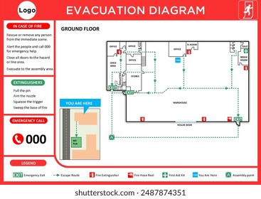 Evacuation diagram for building. Also known as emergency evacuation plan or escape plan. Detailed text instruction of procedures and emergency equipment locations for residents and fire department