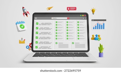 Evaluation concept, Assessment Analysis, Performance, Tracking, Benchmarking, Improvement, Results, Review and Feedback. Online survey, Analytical report, quality rating on 3D Laptop