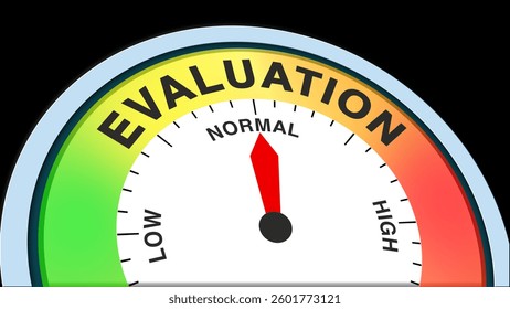 "Evaluation Normal" represented by a barometer level, symbolizing a standard level of assessment, routine analysis, and typical review of performance, quality, or effectiveness