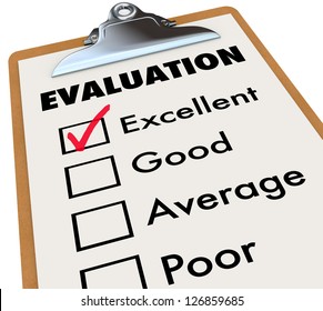 An evaluation report card on an easel with a checkmark next to the word Excellent along with other choices - good, average and poor. - Powered by Shutterstock