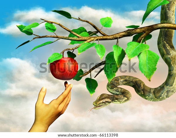 Eva\'s hand reaching for the\
forbidden apple. A snake is hanging from the tree. Digital\
illustration.