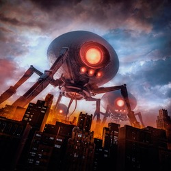 The Eve Of Invasion / 3D Illustration Of Retro Science Fiction Scene With Giant Alien Machines Attacking City