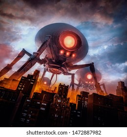 The eve of invasion / 3D illustration of retro science fiction scene with giant alien machines attacking city