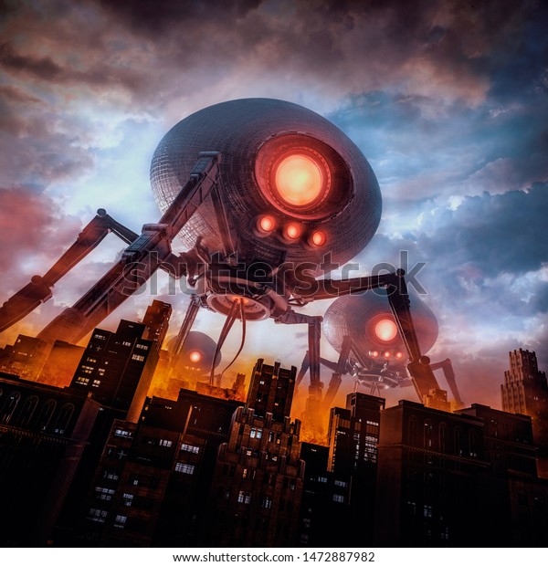 侵略の前夜 都市を襲う巨大宇宙人機械を持つレトロなsfシーンの3dイラスト のイラスト素材