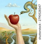Eve picking up the forbidden fruit, while the snake watches her from a branch. Traditional illustration on paper.