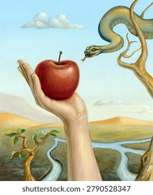 Eve picking up the forbidden fruit, while the snake watches her from a branch. Traditional illustration on paper.