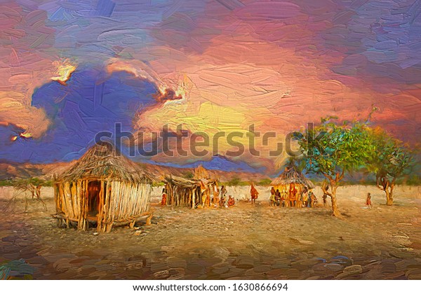 Evening landscape of Himba tribe's village, a hut made from a mixture of clay, cow dung, wood and straw. The Himba are indigenous peoples living in northern Namibia, Kaokoland, Africa.- oil painting