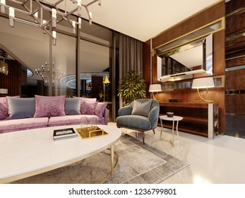 Evening Lobby In The Hotel, With A Purple Sofa, Two Blue Armchair, A Marble Magazine Table And A Bedside Table With A Mirror. Modern Interior Design, 3d Rendering