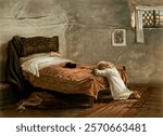 Evening prayer. Girl kid portrait crying near a bed. Vintage girl in bedroom art drawing illustration, female kid, little child person portrait old painting art print image.