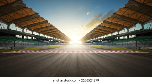 Evening Scene Asphalt International Race Track With Starting Or End Line. 3D Rendering