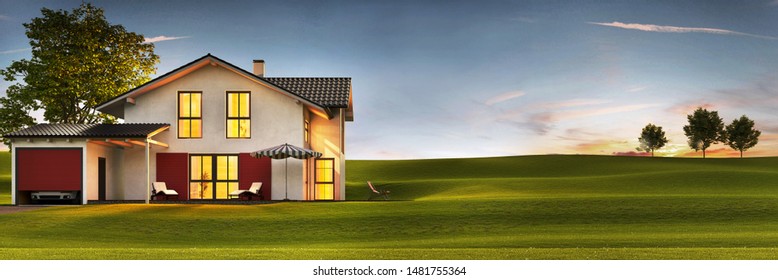 Evening view of a modern house with a lawn and a terrace. 3d rendering