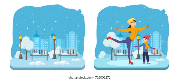 Evening winter snow-covered park of rest and entertainment. Kids favorite winter activities. Boy with mom, in winter clothes, ride on ice in good mood. Illustration isolated in cartoon style. - Powered by Shutterstock