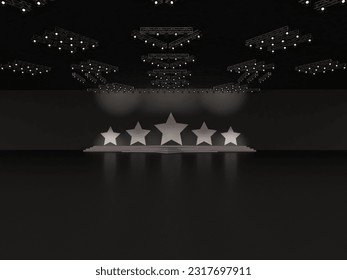 Event Empty stage front view including stairs. with five stars forming the backdrop. ceiling spotlight. custom design. interior hall. 3d rendering illustration 
