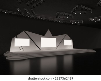 Event empty stage perspective view including stairs. with a half-star form backdrop design-led screens for projection and ceiling spotlights. interior hall. 3d rendering illustration 