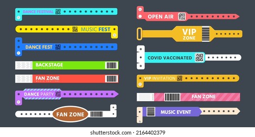 Event Entrance Plastic Bracelet, Pass Wristband For Concert. Wrist Band With Qr Code Covid Vaccinated. Vip Party Access Control  Set Of Identification Pass For Access Event Illustration