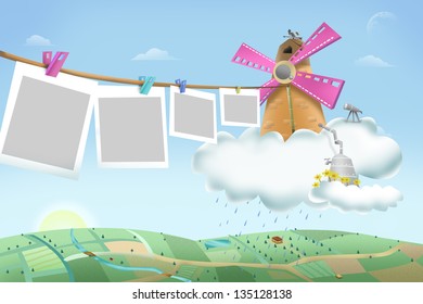 Event Invitation background concept for Girls. A Windmill in the sky floating over a field with clipped photo frames - Powered by Shutterstock