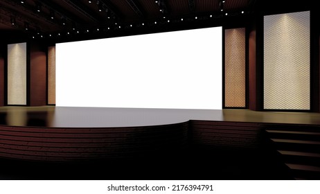 Event Stage Design, Auditorium Set, Corporate Event, Conference, Talk Show, Speaker Sessions, Mockup, 3d Rendering. 3d Illustration.