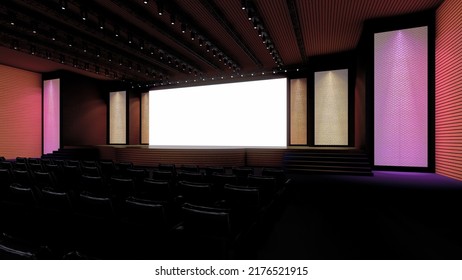 Event Stage Design, Auditorium Set, Corporate Event, Conference, Talk Show, Speaker Sessions, Mockup, 3d Rendering. 3d Illustration.