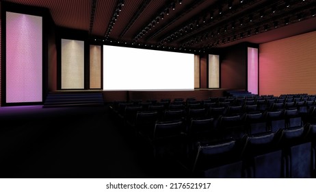 Event Stage Design, Auditorium Set, Corporate Event, Conference, Talk Show, Speaker Sessions, Mockup, 3d Rendering. 3d Illustration.