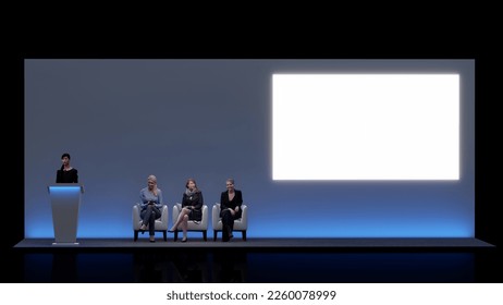 Event Stage design for business conferences, corporate projects presentations, shareholders event or meeting with slides on projection screens. 3d rendering. 3d illustration. - Powered by Shutterstock