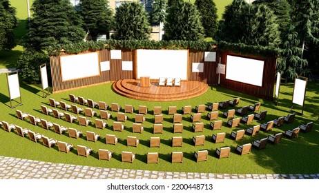 Event Stage Design, Celebration Event, Corporate Conference, 3d Rendering. 3d Illustration.