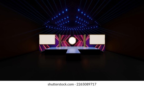 Event Stage design, corporate projects presentations, shareholders event or meeting with slides on projection screens. 3d rendering. 3d illustration. - Powered by Shutterstock - Get 15% off with code: PIKWIZARD15