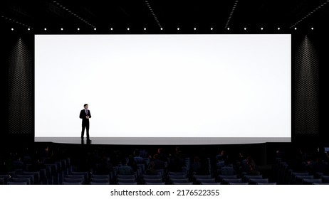 Event Stage With Speaker, Auditorium Set, Corporate Event, Conference, Talk Show, Speaker Sessions, Mockup, 3d Rendering. 3d Illustration.