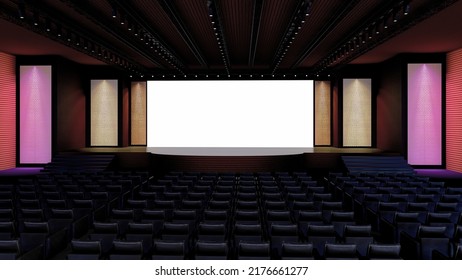 Event Stage With Speaker, Auditorium Set, Corporate Event, Conference, Talk Show, Speaker Sessions, Mockup, 3d Rendering. 3d Illustration.