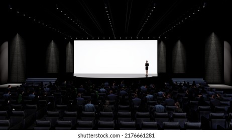 Event Stage With Speaker, Auditorium Set, Corporate Event, Conference, Talk Show, Speaker Sessions, Mockup, 3d Rendering. 3d Illustration.